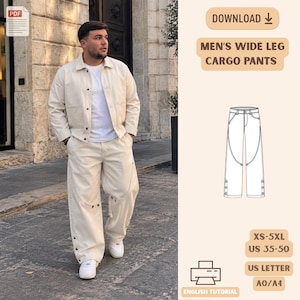 Könnte beinhalten: Ein digitales Schnittmuster für eine Cargo-Hose mit weitem Bein, inklusive technischer Strichzeichnung des Kleidungsstücks, Größenbereich XS-5XL, US 35-50 und einer englischen Anleitung. Das Produkt bietet PDF-Downloads für US Letter und A0/A4.