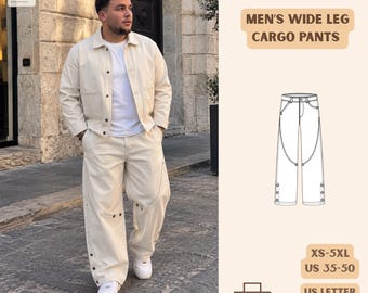 メンズワイドレッグカーゴパンツ PDF型紙 スナップボタン付き XS～5XL