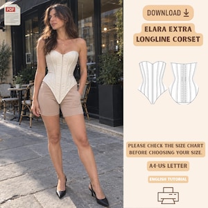 May include: A digital sewing pattern for an Elara extra longline corset, featuring a cream-colored strapless bodice with a front zipper closure. The image includes a technical line drawing of the corset, download instructions, and A4-US letter format.