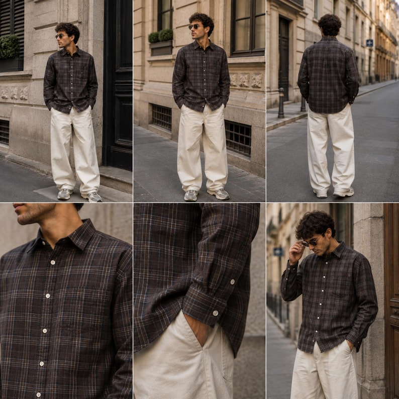May include: A long-sleeve button-down shirt featuring a dark brown and grey plaid pattern with a standard collar and white buttons, paired with loose-fitting off-white trousers. The shirt has a single chest pocket and buttoned cuffs.