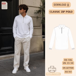 May include: A white long-sleeve polo shirt with a front zipper closure. The design includes a collar and cuffed sleeves. The image displays text including DOWNLOAD, CLASSIC ZIP POLO, XS-5XL, US 35-50, US LETTER, A0/A4, and ENGLISH TUTORIAL.