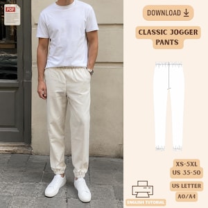 May include: A digital sewing pattern for classic jogger pants, featuring a white t-shirt and cream-colored joggers. The graphic includes the text DOWNLOAD, CLASSIC JOGGER PANTS, XS-5XL, US 35-50, US LETTER, A0/A4, and ENGLISH TUTORIAL with a PDF icon.