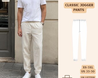 Klassiska joggingbyxor sömnadsmönster PDF, avsmalnande byxor med resår i midjan XS–5XL