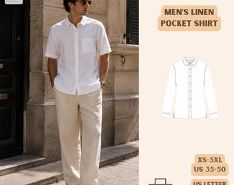 May include: A digital sewing pattern for a short-sleeve linen shirt with a chest pocket. The file includes sizes XS-5XL, US 35-50, and is compatible with US Letter, A0, and A4 paper formats. Includes an English tutorial for assembly and construction.