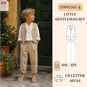Puede incluir: Un niño viste un chaleco, una camisa y un pantalón de lino beige claro. La imagen incluye el texto "LITTLE GENTLEMAN SET" y "6M-12Y". La imagen también incluye un icono PDF y un icono de descarga.