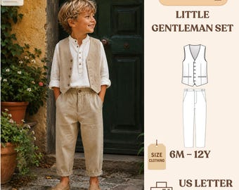 May include: A young boy wearing a linen vest, shirt, and pants. The outfit is a light beige color. The image includes the text "LITTLE GENTLEMAN SET" and "6M-12Y". The image also includes a PDF icon and a download icon.