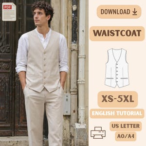 May include: A man in a beige waistcoat and trousers, with a white shirt. The image includes a PDF icon and text that says "DOWNLOAD" and "WAISTCOAT". The size range is XS-5XL, with an "ENGLISH TUTORIAL".