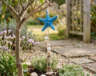 Starfish Wind Chime Coastal Wall Hanging, Mediterranean Beach Decor, Nautical Bell Ornament, Seaside Home Hanging Gift