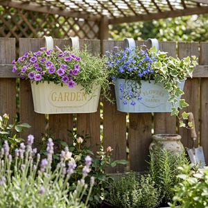 May include: Two oval metal hanging planters with hooks, one cream-colored with the word GARDEN and one light blue with the text FLOWERS & GARDEN. Both containers are filled with vibrant purple and blue flowers and green trailing foliage.