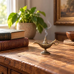 May include: An antique-style brass oil lamp with intricate embossed floral patterns and a curved handle. A thin wisp of white smoke rises from the pointed spout of the lamp, which stands on a pedestal base with a detailed decorative rim.