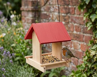 Comedero colgante de madera para pájaros, comedero con techo rojo, comedero para pájaros silvestres de exterior, estación de alimentación para pájaros de jardín, regalo para amantes de las aves