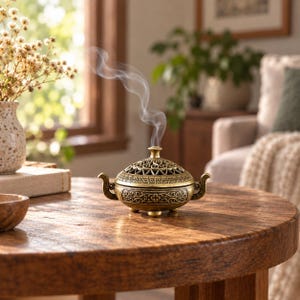 May include: A round, antique-style brass incense burner with a domed, perforated lid featuring intricate geometric patterns and two side handles. The burner rests on three small feet, and a thin trail of white smoke rises from the top center.