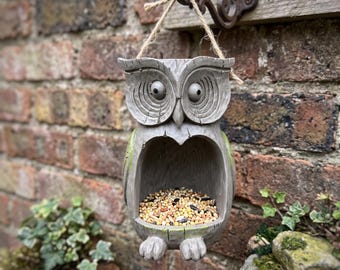 Owl Bird Feeder Hanging Garden Decor, Rustic Outdoor Bird Feeder, Woodland Owl Planter Birdhouse Tree Yard Ornament