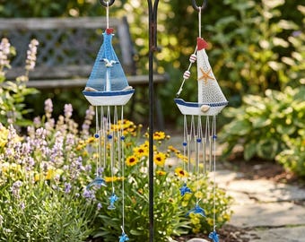 Nautical Sailboat Wind Chime, Coastal Beach Decor, Dolphin Wind Chimes, Ocean Themed Hanging Ornament, Seaside Gift
