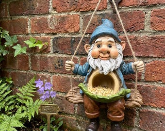 Gnome Bird Feeder Statue, Resin Garden Gnome Decor, Outdoor Bird Feeding Ornament, Whimsical Yard Sculpture Gift
