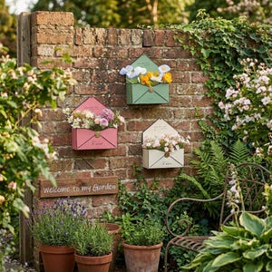 May include: Three metal wall-mounted planters shaped like envelopes in pink, green, and cream. Each planter features a circular seal detail and holds a variety of colorful flowers. The planters are attached to a rustic red brick wall.