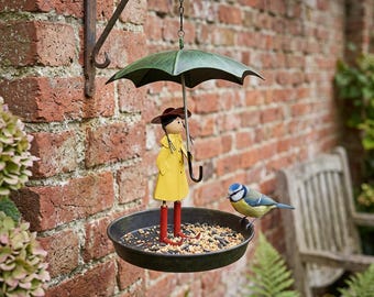 Hanging Bird Feeder Tray, Umbrella Girl Bird Bath, Decorative Garden Feeder, Metal Hanging Bird Feeder, Outdoor Yard Decor