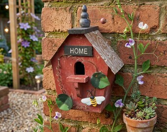 Rustic Wooden Birdhouse Decor, Hanging Garden Bird House, Cottage Style Outdoor Bird Nest Cabin, Farmhouse Yard Ornament