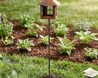 Rustic Bird Feeder Stake, Metal Garden Bird House, Outdoor Yard Bird Decor, Vintage Garden Ornament, Patio Lawn Accent