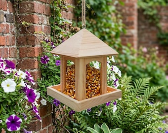 Comedero colgante de madera para pájaros, estación de alimentación para pájaros al aire libre, casita para pájaros de jardín, comedero para pájaros silvestres, regalo para amantes de las aves de jardín.