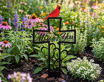 Memorial Cross Garden Stake, Cardinal Grave Marker, Miss You Cemetery Decoration, Sympathy Gift, Remembrance Yard Sign