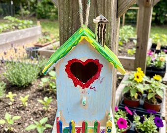 Paint Your Own Wooden Birdhouse Hanging Decor, Rustic Outdoor Bird House, Garden Bird Nest Box, Farmhouse Yard Patio Tree Ornament