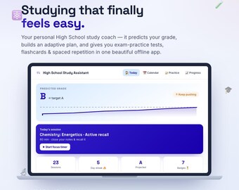 Asistente de estudio para la escuela secundaria / Planificador de estudio y aplicación de preparación para exámenes / Tarjetas de memoria, cuestionarios, repetición espaciada, horario adaptativo / Descarga digital