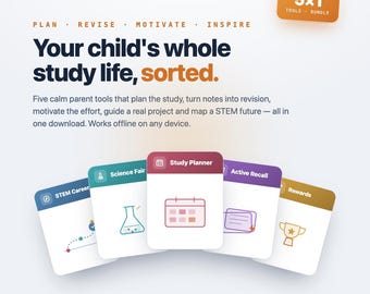 Parent Study Toolkit Bundle | Study Planner, Flashcard & Quiz Maker, Reward Chart, Science Fair Project Builder, Career Finder | Download