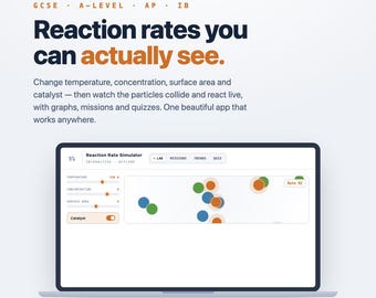 Simulador interactivo de velocidad de reacción / Aplicación de cinética química para bachillerato (GCSE y A-Level) / Simulación de partículas, gráficos, cuestionarios / Descarga digital