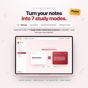 以下が含まれることがあります： 学習ツールを備えたMemory Labウェブアプリケーションのインターフェースを表示するノートパソコンの画面。テキストは「Turn your notes into 7 study modes. Paste your notes, 7 study modes, flashcards & quizzes in seconds. Flip it, quiz it, remember it.」と表示されています。