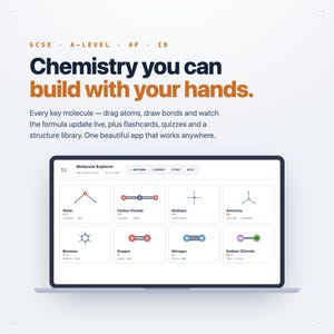 Może przedstawiać: Ekran laptopa wyświetla aplikację Molecule Explorer z siatką struktur chemicznych, takich jak woda, dwutlenek węgla, metan, amoniak, benzen, tlen, azot i chlorek sodu, wraz z tekstem dotyczącym edukacji w zakresie chemii.