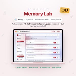 Memory Lab | Notes organisées en 7 modes d'étude | Révision active et ludique | Niveaux : GCSE, A-Level, Université, Lycée, Collège | Téléchargement numérique