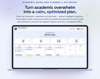 Planificateur de charge de travail universitaire | Calendrier d'étude intelligent et outil de création d'horaires hebdomadaires pour le lycée GCSE A-Level | Outil de préparation à l'examen | Télécharger