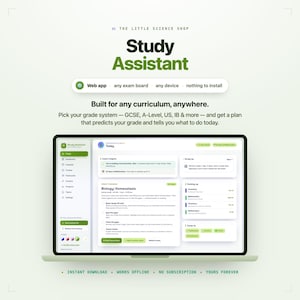 May include: A digital study assistant web app interface displayed on a laptop screen. The dashboard features sections for daily tasks, coach insights, and upcoming subjects like Biology, Chemistry, and Mathematics. Text includes Study Assistant, Built for any curriculum, and Web app.