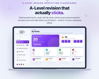 Flashcard Maker A-Level Science & Maths | Spaced Repetition Study App | AQA Edexcel OCR | Flip Cards, Decks, Progress Tracker | Download