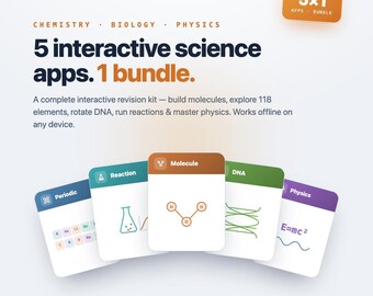 Paquete de aplicaciones para el estudio de ciencias / 5 herramientas interactivas: Tabla periódica, moléculas, ADN, reacciones y física / Bachillerato (nivel avanzado) / Descargar