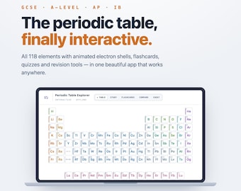 Explorador interactivo de la tabla periódica / Herramienta de repaso de química para GCSE y A-Level / 118 elementos, tarjetas didácticas, capas electrónicas (descarga digital)