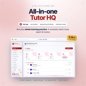 May include: A digital dashboard interface titled All-in-one Tutor HQ by The Little Science Shop. The web app features a sidebar menu, a daily schedule overview, and metrics for students, lessons, and billing. It is labelled as an 8-in-1 tutor suite.