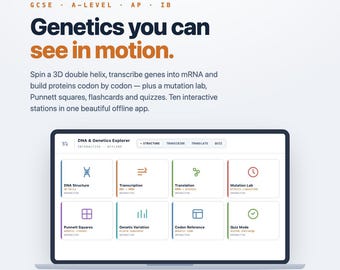 Explorador interactivo de ADN y genética / Repaso de biología para el GCSE y el nivel A de bachillerato / Cuestionario de tarjetas didácticas sobre mutaciones de transcripción de la hélice / Descargar