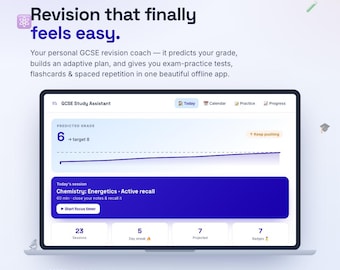Aplicación de apoyo para el estudio de GCSE / Planificador de repaso de STEM / Calificaciones previstas, horario adaptativo, tarjetas de memoria, práctica de exámenes / Descarga digital