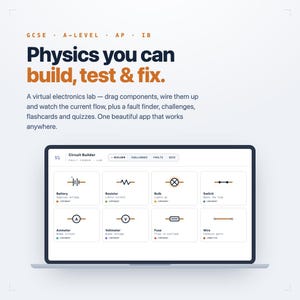 May include: A laptop screen displaying a virtual electronics lab interface titled Circuit Builder. The screen shows a grid of electrical components including a battery, resistor, bulb, switch, ammeter, voltmeter, fuse, and wire with descriptive text.