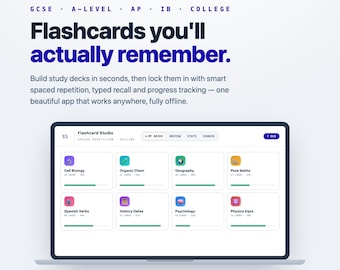Aplicación para crear tarjetas de memoria / Mazos de estudio personalizados, repetición espaciada, recuperación de información mediante texto, seguimiento del progreso / Escuela, universidad y educación en casa / Descarga digital
