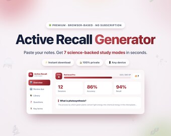 Active Recall Study App | Turn Notes into Flashcards, Quizzes & Spaced Repetition | Revision Flashcards Quiz Exam Prep | Digital Download