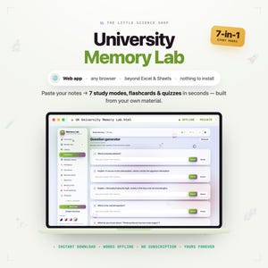 University Memory Lab | Exam Revision App | 7 Study Modes, Flashcards, Quizzes, Gamified Active Recall, Spaced Repetition | Digital Download