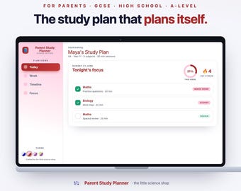 Planificador de estudio para padres / Horario personalizado, seguimiento del progreso y apoyo para padres / Lista de tareas diarias, rachas de éxito, cuenta atrás para los exámenes / Descargar