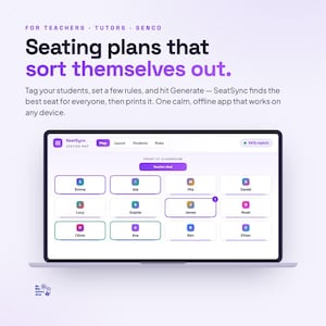May include: A laptop screen displays the SeatSync seating map application with a classroom layout. The interface shows student names in colour-coded boxes, a teacher desk indicator, and navigation tabs for map, layout, students, and rules.