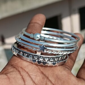 Set di bracciali rigidi in filo d'argento intrecciato, bracciali impilabili con motivo a cuore in stile boho