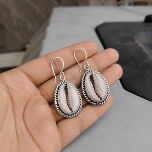 Handmade Cowrie Shell Sterling Silver Dangle Earrings, Boho Beach Coastal Jewelry