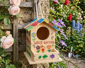 May include: A wooden birdhouse with a rainbow-painted roof and floral designs. The birdhouse features a circular entrance and a small feeding tray. The text "LEO'S GARDEN" is painted on the front. It is suspended from a stone wall.