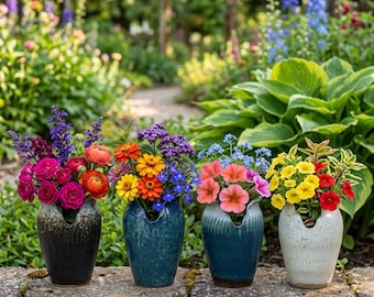 May include: Four ceramic vases with a distinctive notched rim, each holding a vibrant floral arrangement. The vases are finished in dark charcoal, deep teal, blue-green, and off-white glazes, displaying a smooth, rounded, and tapered form.